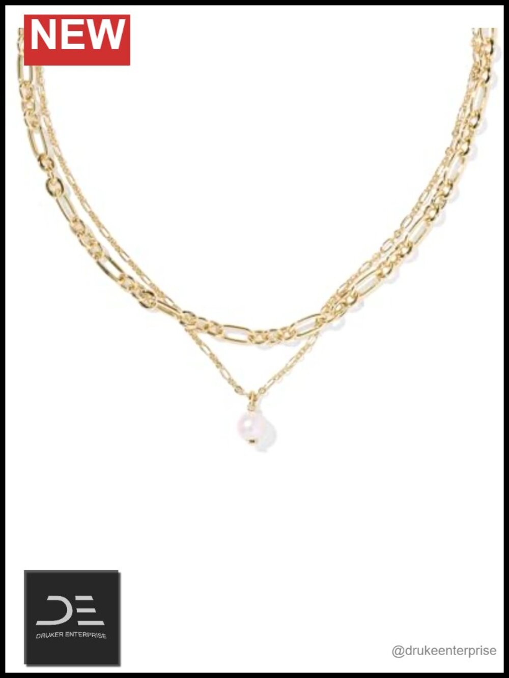 Multi Strand Pearl Necklace Gold Plated Brass Figaro Chains Lobster Clasp